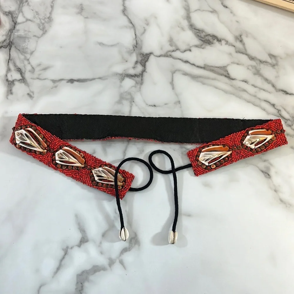 Vintage Coral Shell Beaded Belt Womens Size OS Large‎ Red Black African Mexican